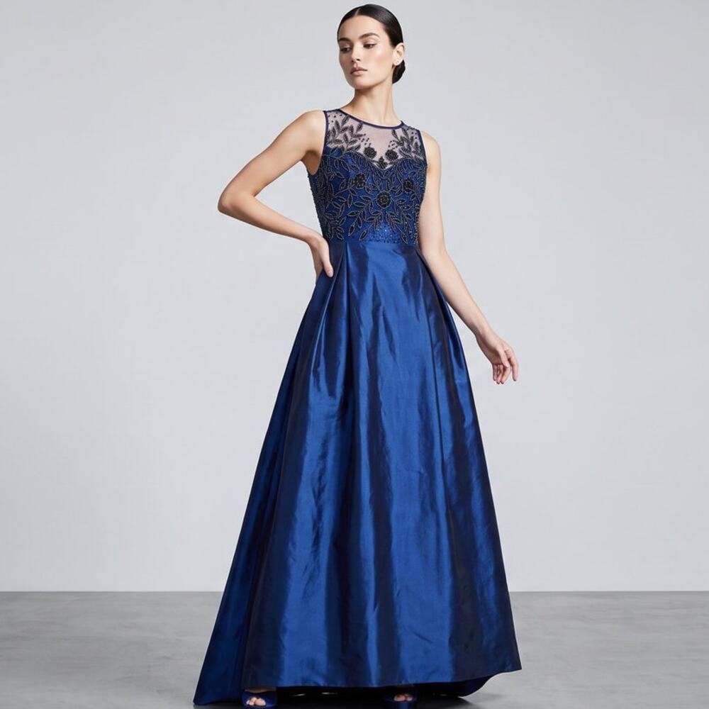 Adrianna Papell Bead Combo Taffeta Long Gown Dress Navy Blue Formal Sz 12